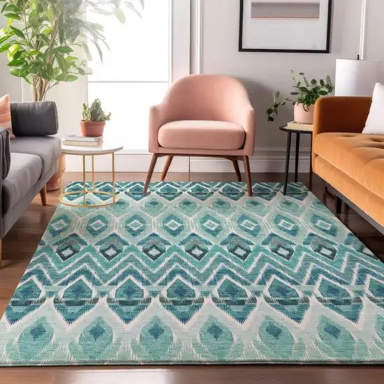 Teal White And Gray Southwestern Washable Area Rug With UV Protection Photo 4