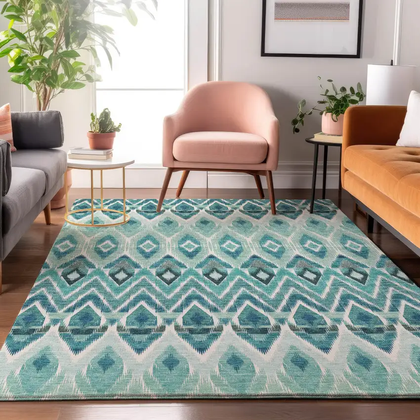 Teal White And Gray Southwestern Washable Area Rug With UV Protection Photo 4