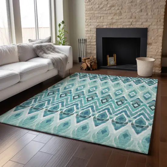 Teal White And Gray Southwestern Washable Area Rug With UV Protection Photo 5