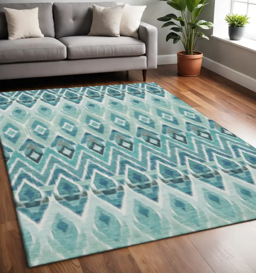Teal White And Gray Southwestern Washable Area Rug With UV Protection Photo 2