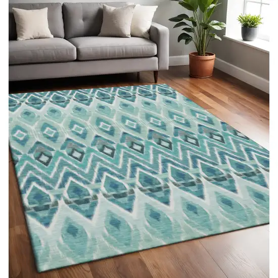 Teal White And Gray Southwestern Washable Area Rug With UV Protection Photo 2