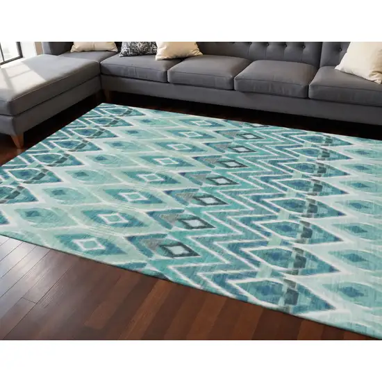 Teal White And Gray Southwestern Washable Area Rug With UV Protection Photo 2