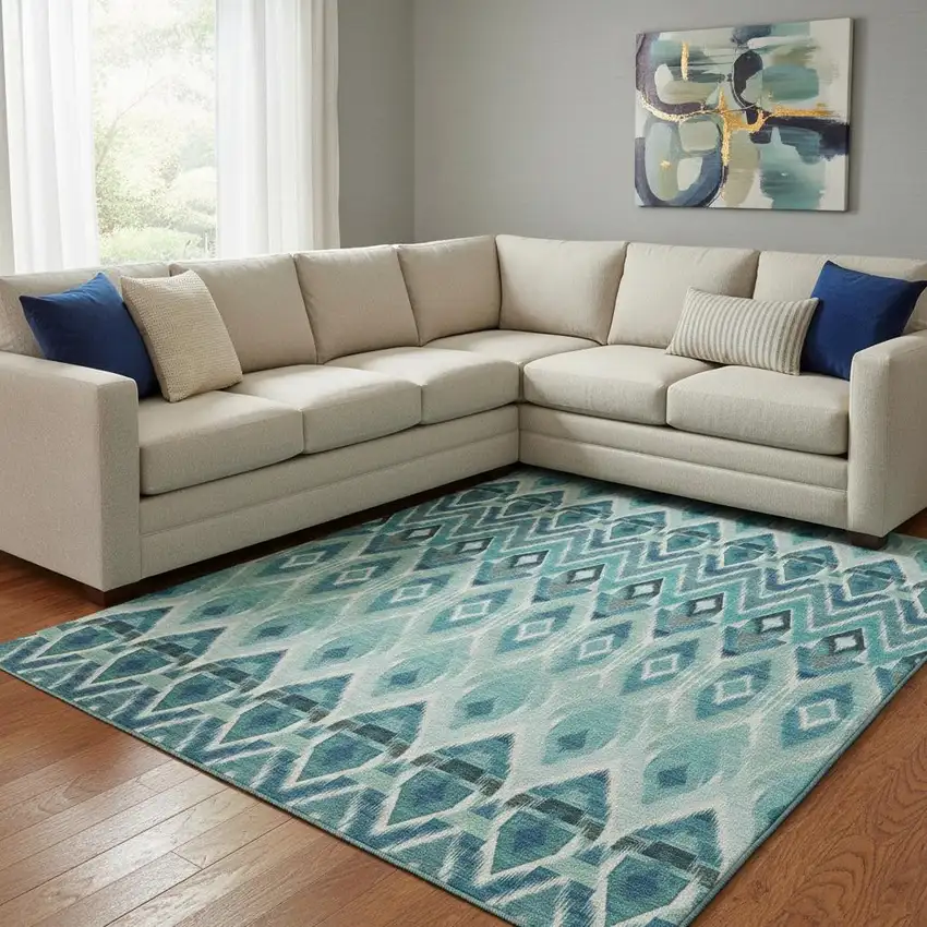 Teal White And Gray Southwestern Washable Area Rug With UV Protection Photo 1