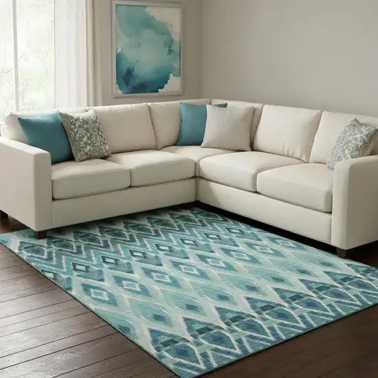 Teal White And Gray Southwestern Washable Area Rug With UV Protection Photo 1