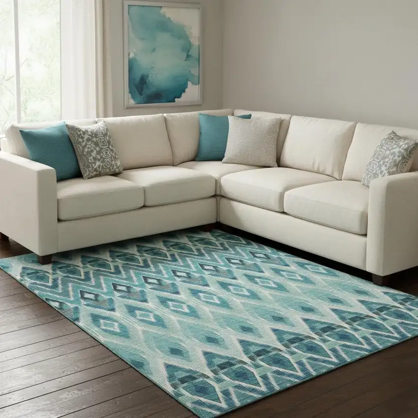 Teal White And Gray Southwestern Washable Area Rug With UV Protection Photo 1