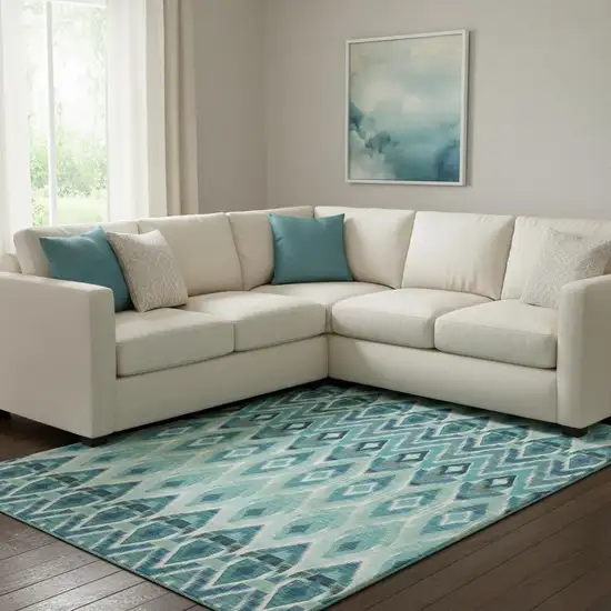 Teal White And Gray Southwestern Washable Area Rug With UV Protection Photo 1