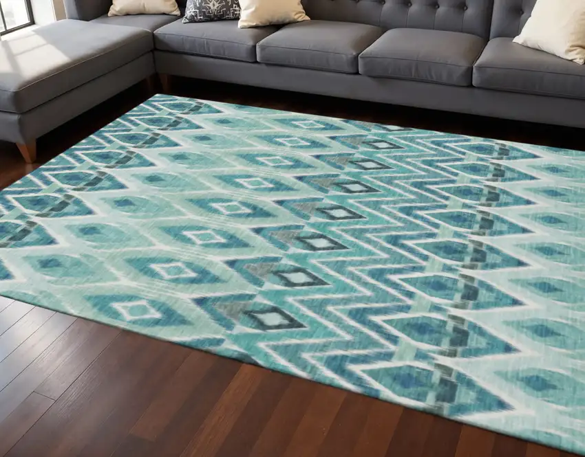 Teal White And Gray Southwestern Washable Area Rug With UV Protection Photo 2