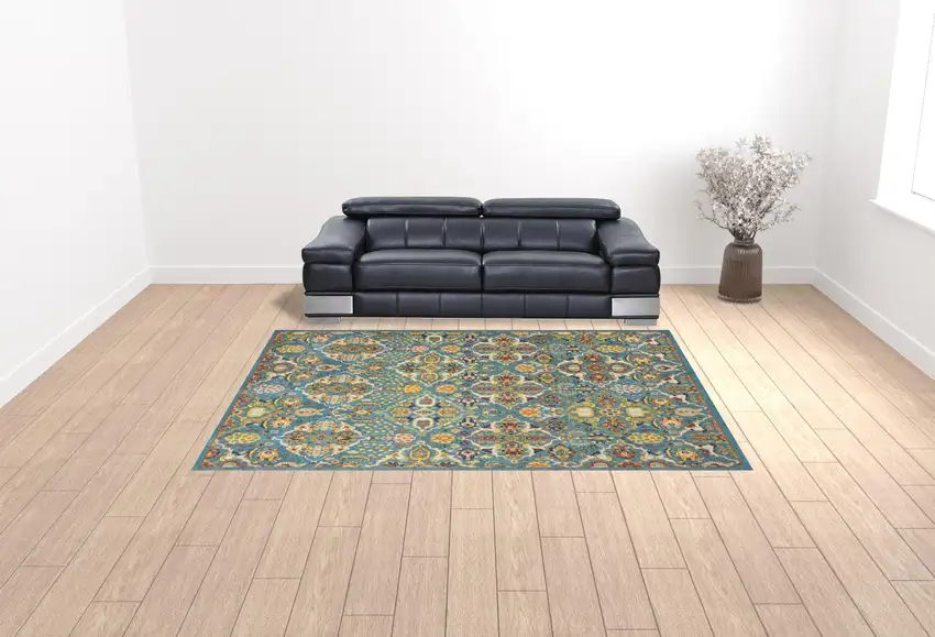 Teal and Gold Floral Power Loom Area Rug Photo 2