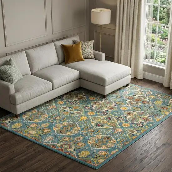 Teal and Gold Floral Power Loom Area Rug Photo 1