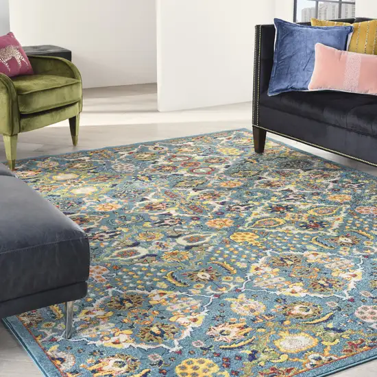 Teal and Gold Floral Power Loom Area Rug Photo 4