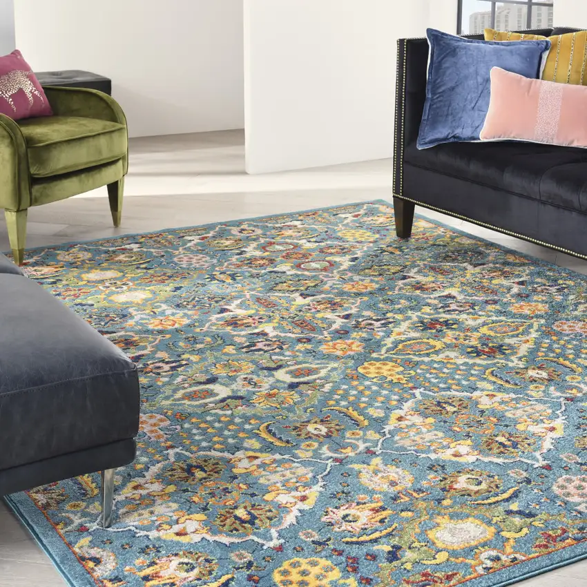 Teal and Gold Floral Power Loom Area Rug Photo 4