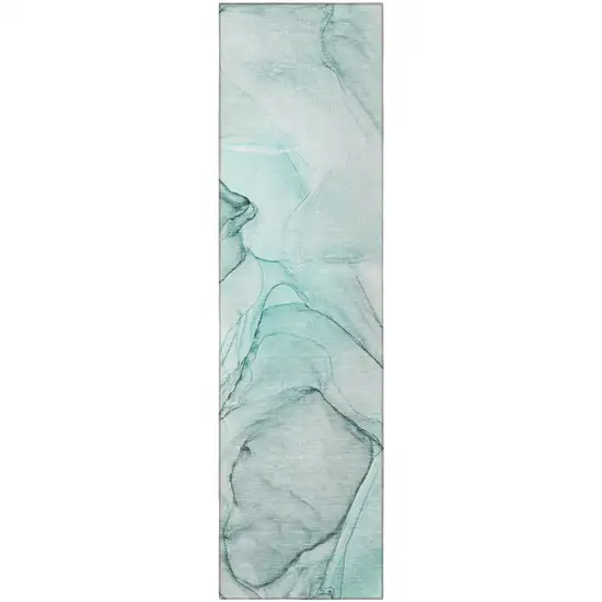 Teal and Gray Abstract Washable Non Skid Indoor Outdoor Runner Rug Photo 3