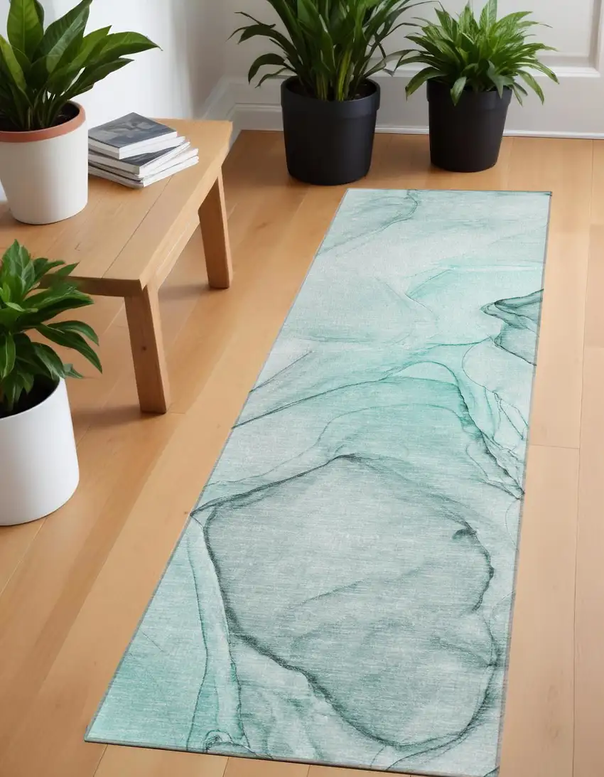 Teal and Gray Abstract Washable Non Skid Indoor Outdoor Runner Rug Photo 1