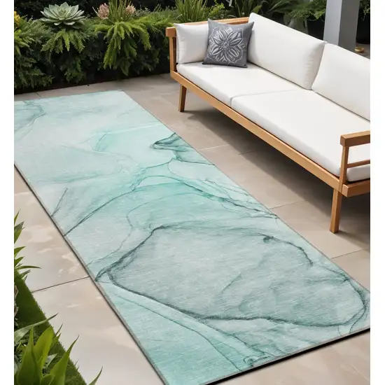 Teal and Gray Abstract Washable Non Skid Indoor Outdoor Runner Rug Photo 1