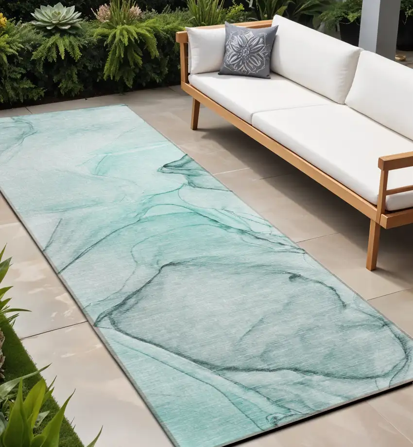 Teal and Gray Abstract Washable Non Skid Indoor Outdoor Runner Rug Photo 1