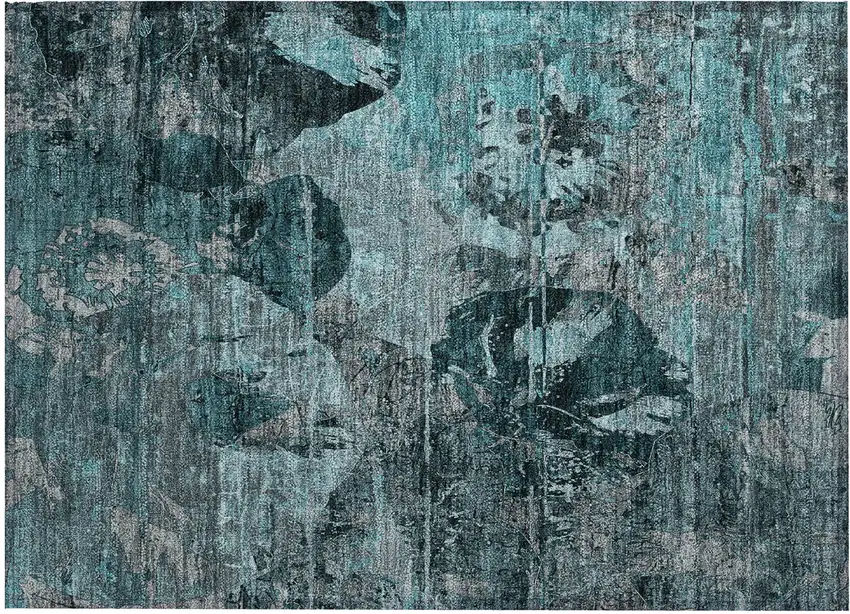 Teal and Gray Floral Washable Non Skid Indoor Outdoor Area Rug Photo 2