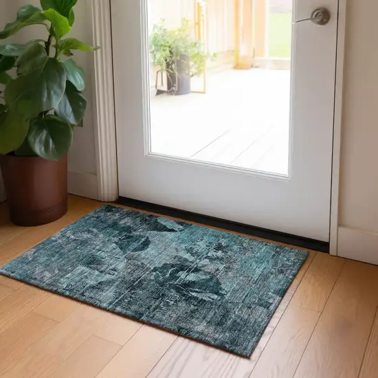Teal and Gray Floral Washable Non Skid Indoor Outdoor Area Rug Photo 9