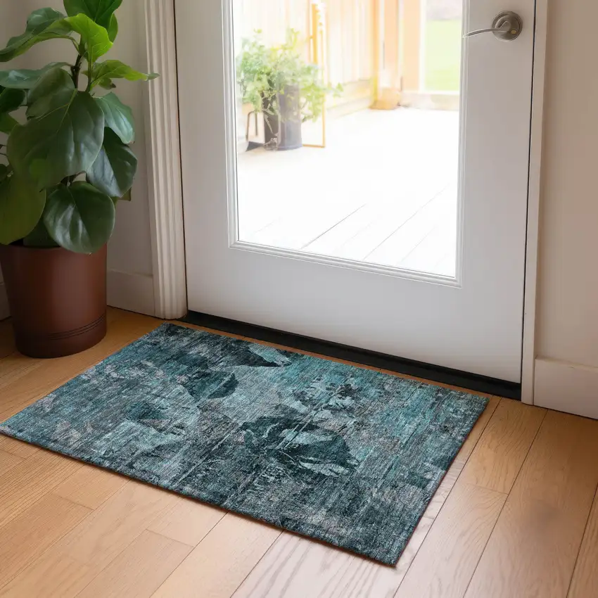 Teal and Gray Floral Washable Non Skid Indoor Outdoor Area Rug Photo 9