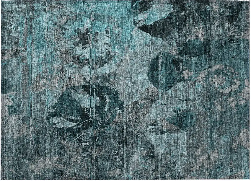 Teal and Gray Floral Washable Non Skid Indoor Outdoor Area Rug Photo 4