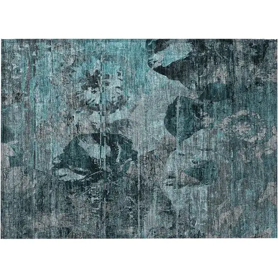 Teal and Gray Floral Washable Non Skid Indoor Outdoor Area Rug Photo 5