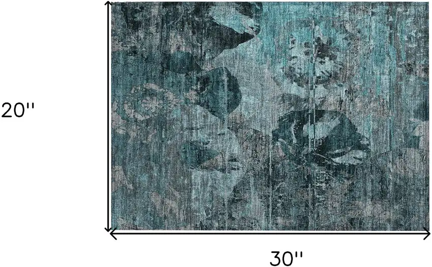 Teal and Gray Floral Washable Non Skid Indoor Outdoor Area Rug Photo 3