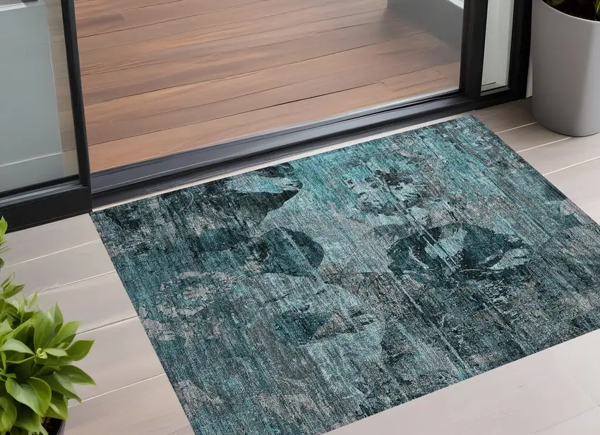 Teal and Gray Floral Washable Non Skid Indoor Outdoor Area Rug Photo 1