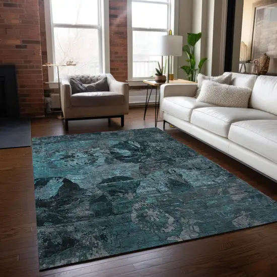 Teal Blue And Gray Floral Washable Indoor Outdoor Area Rug Photo 9