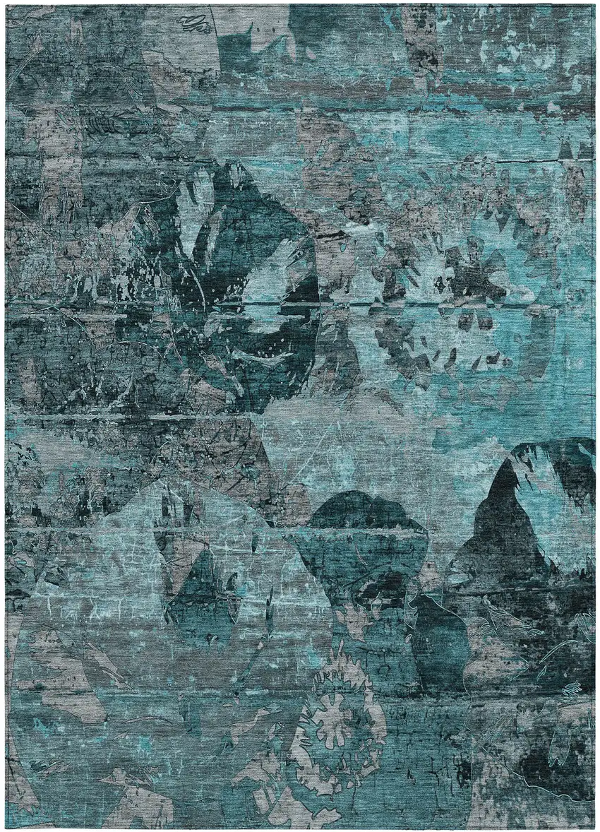Teal and Gray Floral Washable Non Skid Indoor Outdoor Area Rug Photo 4