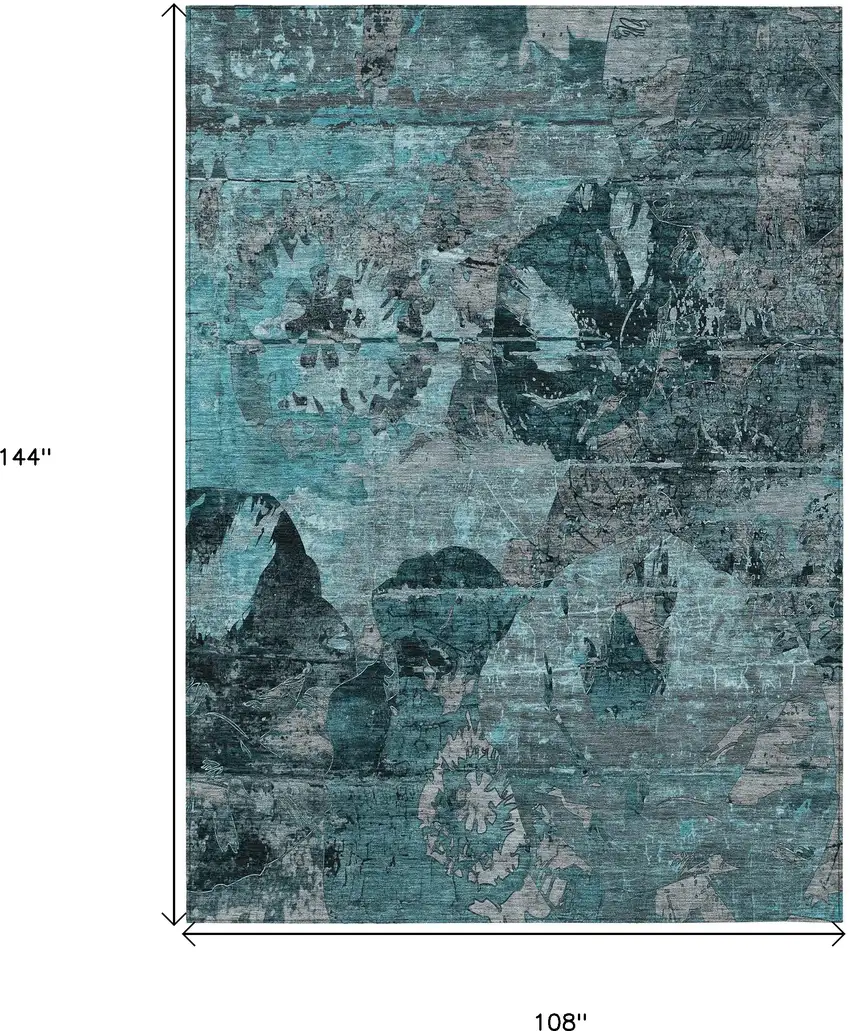 Teal and Gray Floral Washable Non Skid Indoor Outdoor Area Rug Photo 3