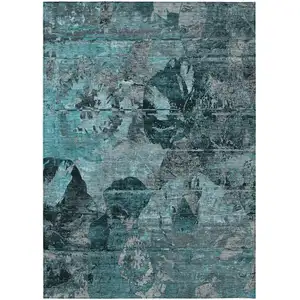 Photo of Teal and Gray Floral Washable Non Skid Indoor Outdoor Area Rug