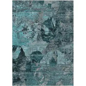 Photo of Teal and Gray Floral Washable Non Skid Indoor Outdoor Area Rug