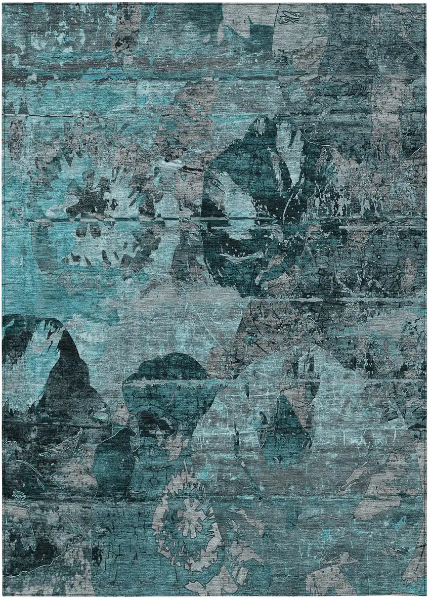 Teal and Gray Floral Washable Non Skid Indoor Outdoor Area Rug Photo 2
