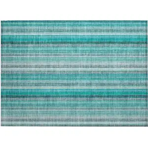 Photo of Teal and Gray Striped Washable Non Skid Indoor Outdoor Area Rug