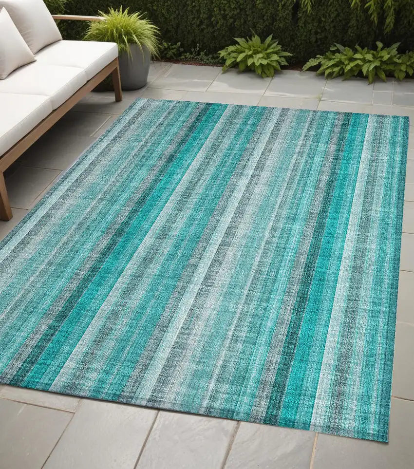 Teal and Gray Striped Washable Non Skid Indoor Outdoor Area Rug Photo 1