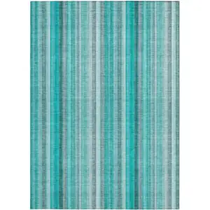Photo of Teal and Gray Striped Washable Non Skid Indoor Outdoor Area Rug