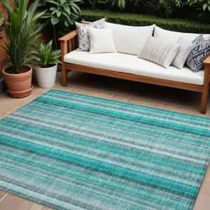 Photo of Teal and Gray Striped Washable Non Skid Indoor Outdoor Area Rug