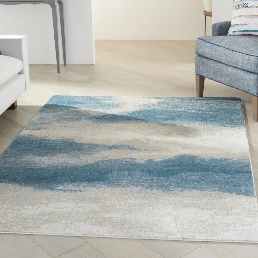 Teal and Ivory Abstract Non Skid Area Rug Photo 5