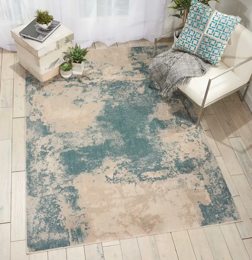 Teal and Ivory Abstract Non Skid Area Rug Photo 3