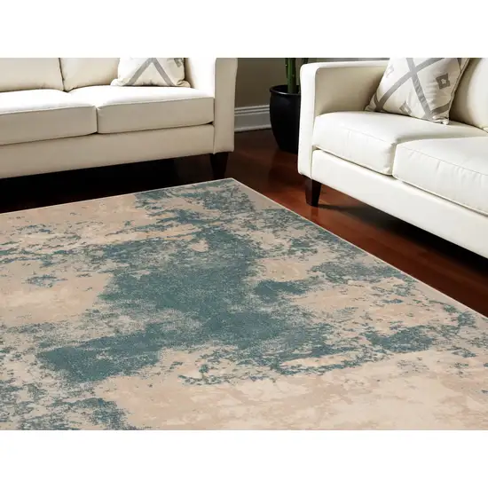 Teal and Ivory Abstract Non Skid Area Rug Photo 2