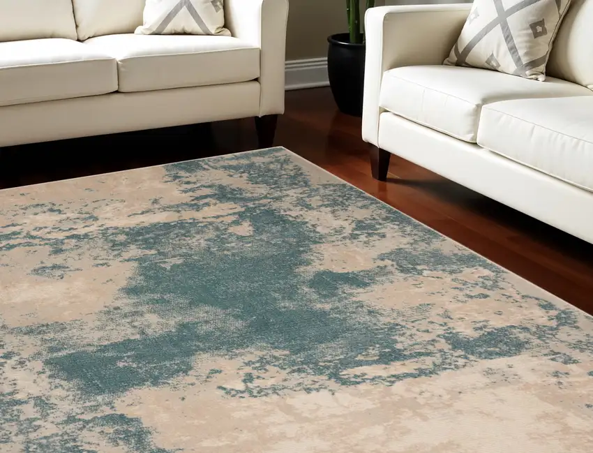 Teal and Ivory Abstract Non Skid Area Rug Photo 1