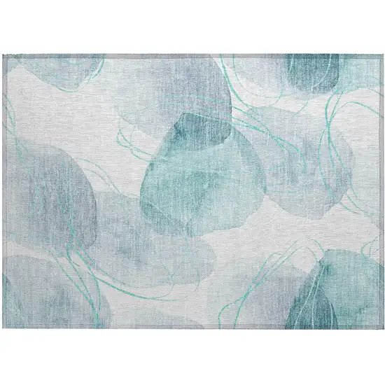 Teal and Ivory Abstract Washable Non Skid Indoor Outdoor Area Rug Photo 2