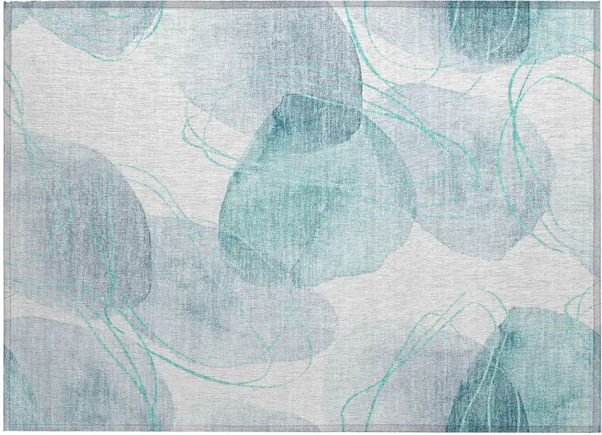 Teal and Ivory Abstract Washable Non Skid Indoor Outdoor Area Rug Photo 2