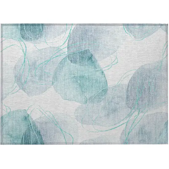 Teal and Ivory Abstract Washable Non Skid Indoor Outdoor Area Rug Photo 5