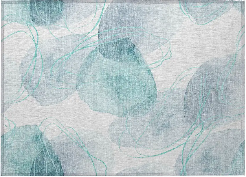 Teal and Ivory Abstract Washable Non Skid Indoor Outdoor Area Rug Photo 5