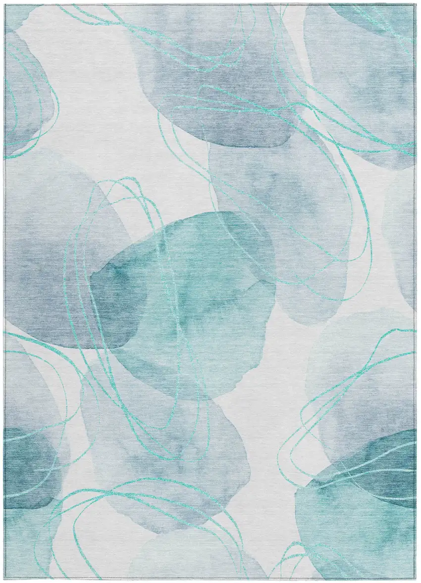 Teal and Ivory Abstract Washable Non Skid Indoor Outdoor Area Rug Photo 5