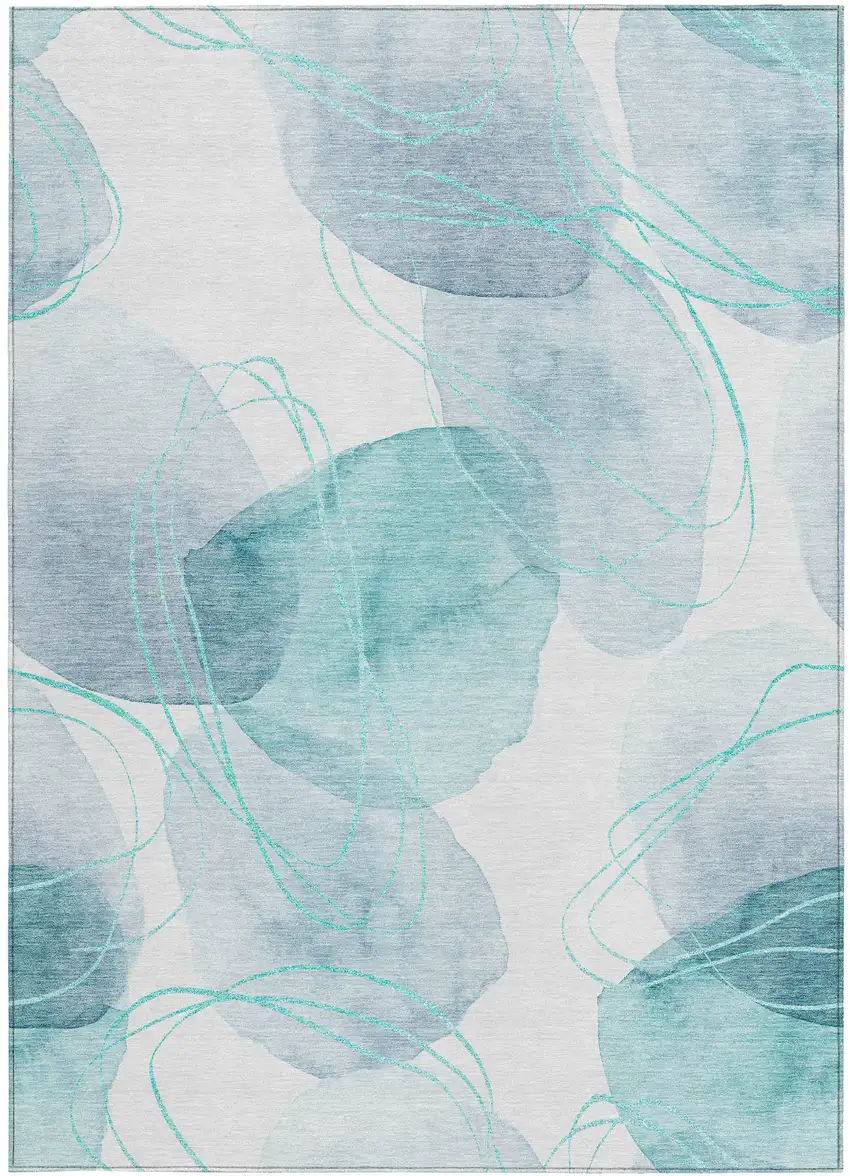 Teal and Ivory Abstract Washable Non Skid Indoor Outdoor Area Rug Photo 4