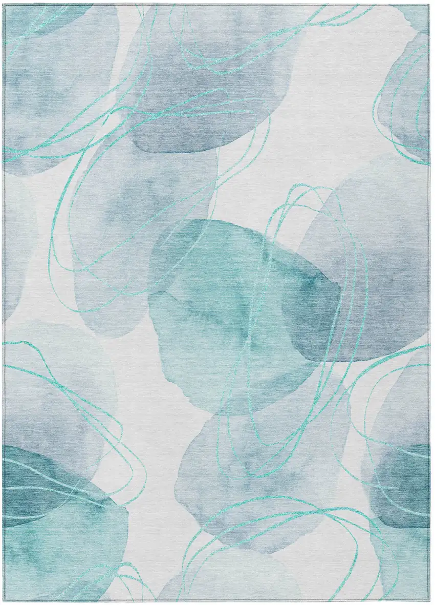 Teal and Ivory Abstract Washable Non Skid Indoor Outdoor Area Rug Photo 2