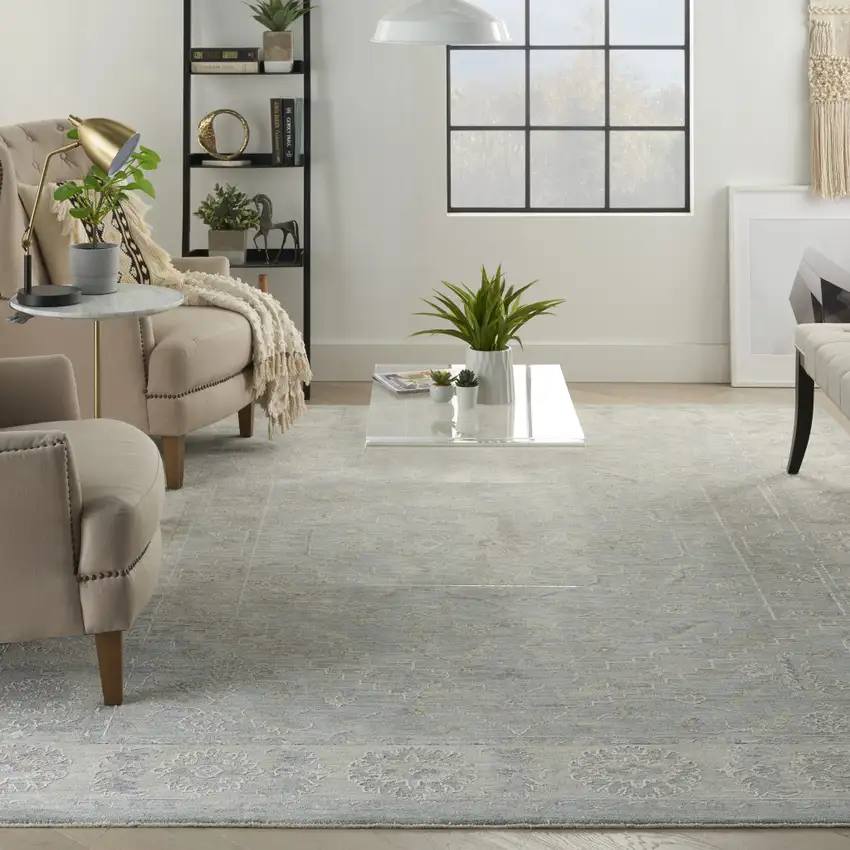 Teal and Ivory Floral Power Loom Area Rug Photo 6