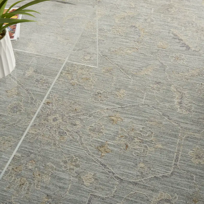 Teal and Ivory Floral Power Loom Area Rug Photo 5