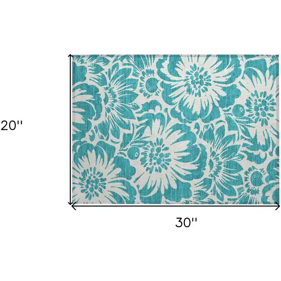 Teal and Ivory Floral Washable Non Skid Indoor Outdoor Area Rug Photo 3
